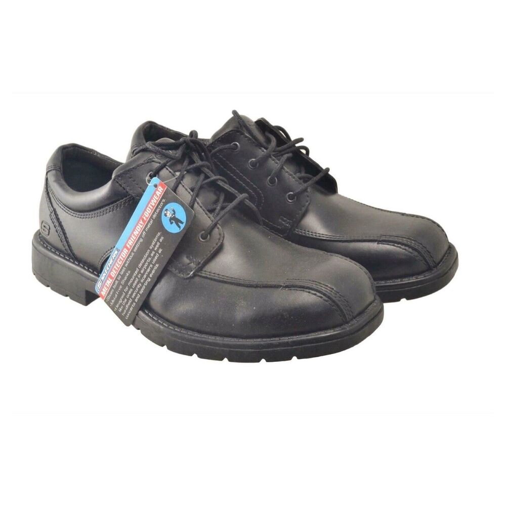 Skechers Men's Black Leather Metal Detector Friendly Lace-Up Shoes Size 10 New